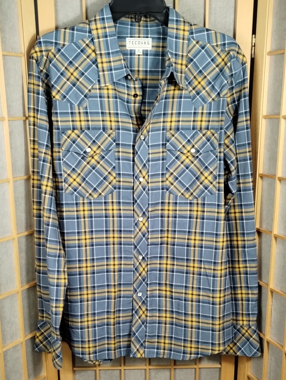 Tecovas Blue and Yellow Plaid Western Pearl Snap Button-Down Shirt Size M